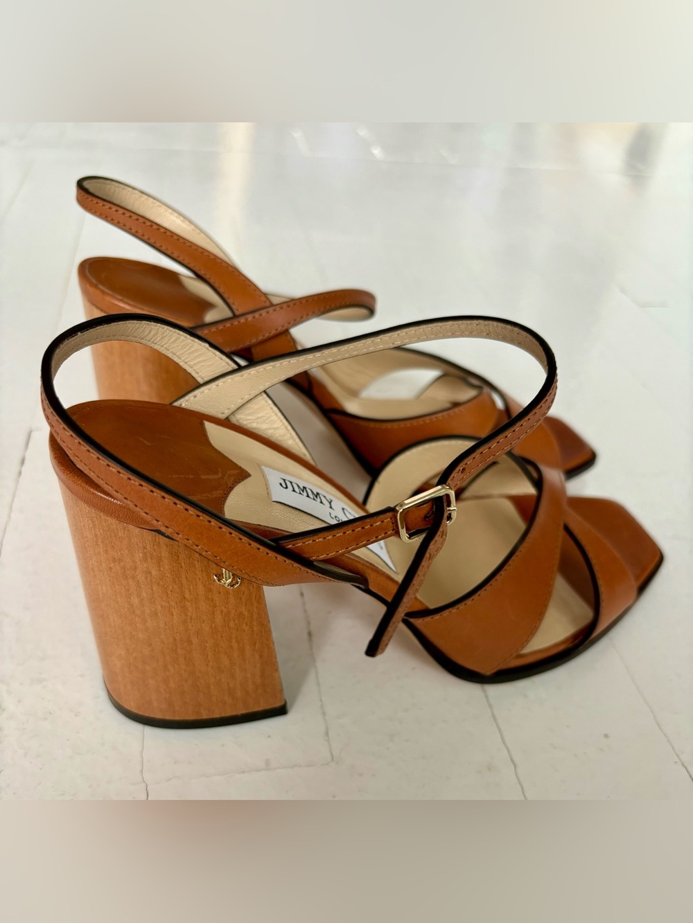 Jimmy Choo Tan Leather Block Heel Sandals - Picture 3 of 7